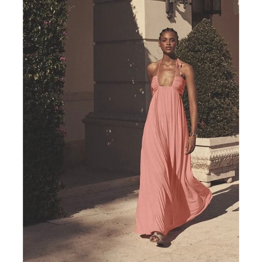 STAUD Kanha Reversible Mesh Halter Maxi Dress Orange Pink XL‎